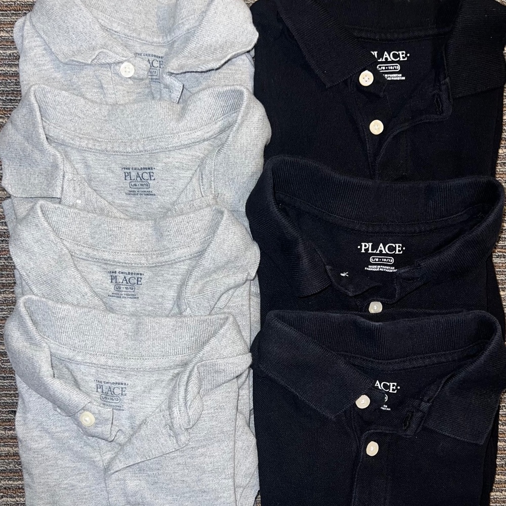 Bundle  7 School Uniform Polo Shirts, Grey /Black The Children's Place LG 10/12
